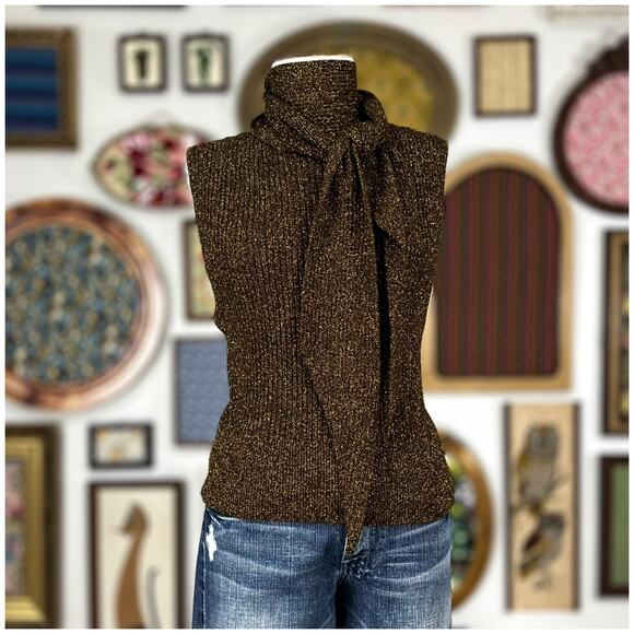 Ganni Metallic Rib Knit Tie Back Top Womens Size XL Gold Black NWT Retail $ 225 - Picture 10 of 16
